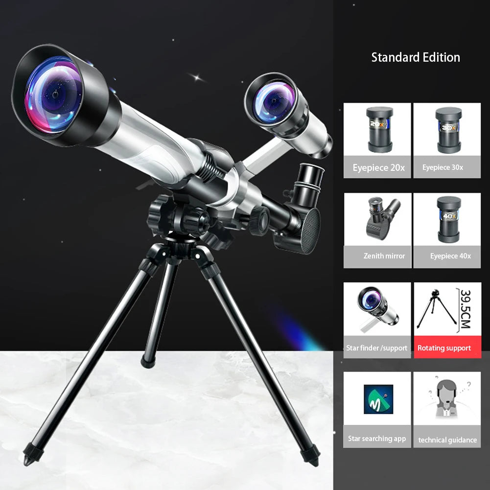 Silver astronomical telescope with three eyepieces, mounted on a black tripod, set against a starry background.