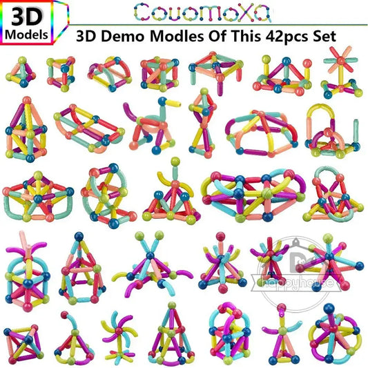 Colorful magnetic building blocks set shown in multiple 3D demo shapes