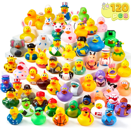 Assorted mini rubber ducks in various colors and designs, including animals and characters, arranged together.