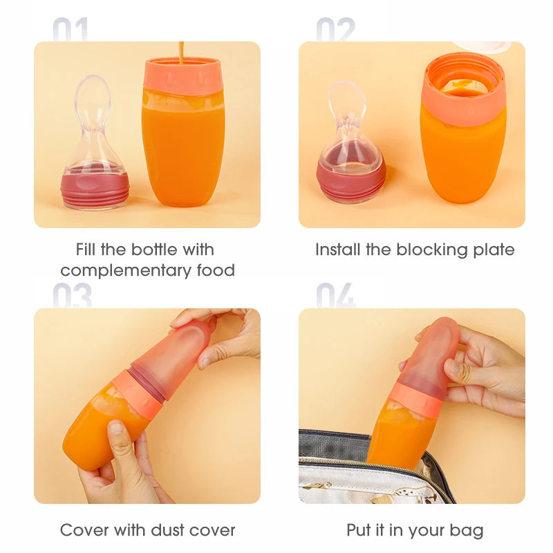 100ml Liquid Silicone Baby Feeder Rice Paste Fruit Puree Toddler Squeeze Feeding Bottle with Dispensing Spoon