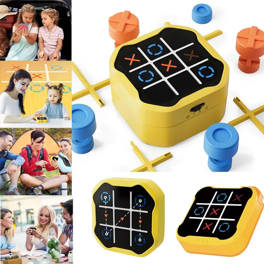 Yellow electronic tic-tac-toe board game console with grid and colored game pieces