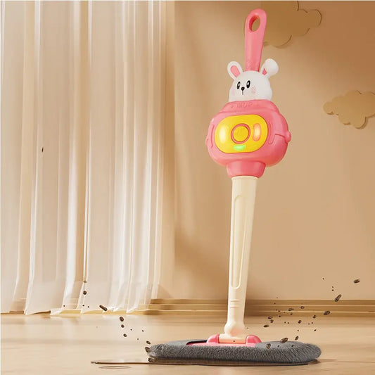 Pink rabbit-themed pretend mop toy with gray microfiber pad on white handle