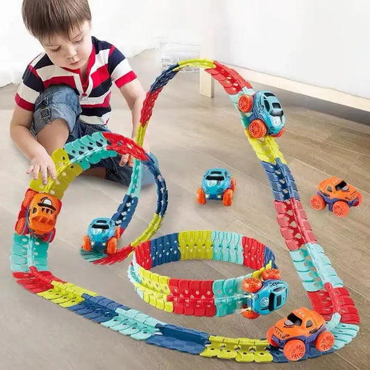 Flexible LED racing track set with multi-color interlocking rails and battery toy car