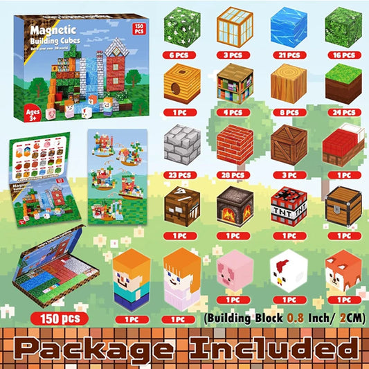 Magnetic building block set package with mixed cube pieces, accessory bag, and build examples
