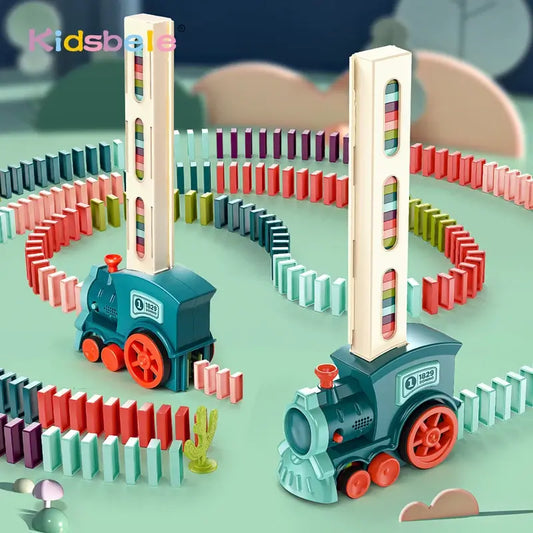 Automatic domino train toy with blue base and vertical rainbow domino towers, track layout