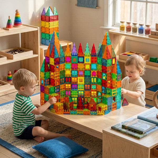 Two young children playing with colorful magnetic building blocks in a bright, sunlit classroom. They are constructing a tall, castle-like structure on a low wooden table, with shelves of toys and books in the background.