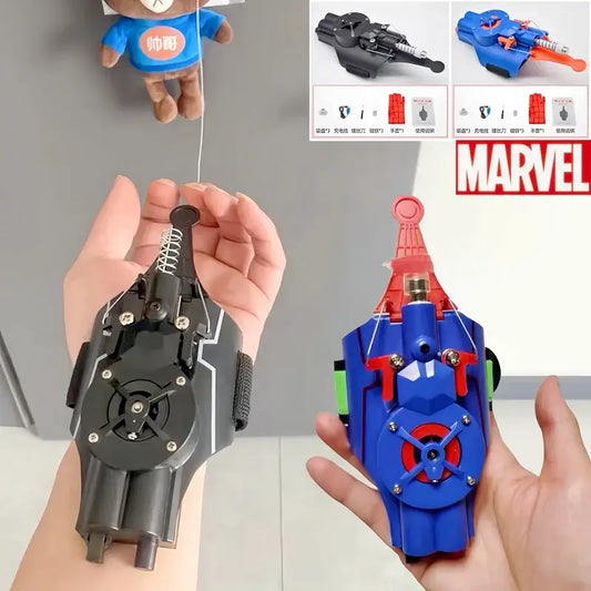 Black kids web shooter toy with barrel, side button, and spring details in hand