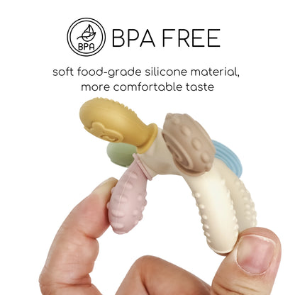 Silicone baby teether in pastel colors, featuring various textures for sensory relief, BPA-free material.