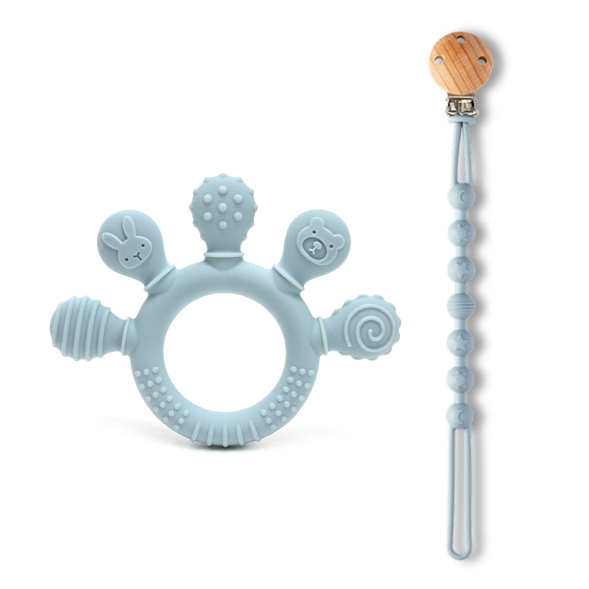 Light blue silicone baby teether with textured surfaces and a wooden bead stick, designed for sensory gum relief.