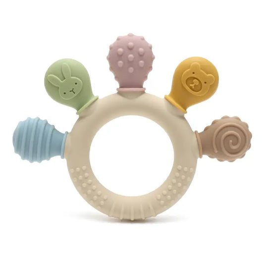 Silicone baby teether with colorful textured beads in pastel colors, featuring animal shapes for sensory relief.