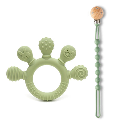 Light green silicone baby teether with animal shapes and a matching bead chain for sensory gum relief.
