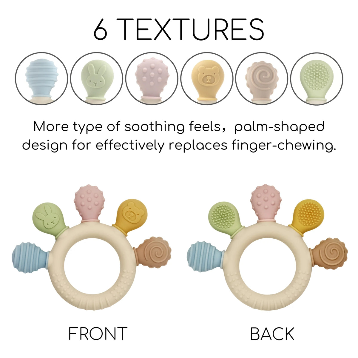 Silicone baby teether with six textured surfaces in pastel colors, featuring a palm-shaped design for chewing relief.