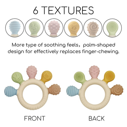 Silicone baby teether with six textured surfaces in pastel colors, featuring a palm-shaped design for chewing relief.