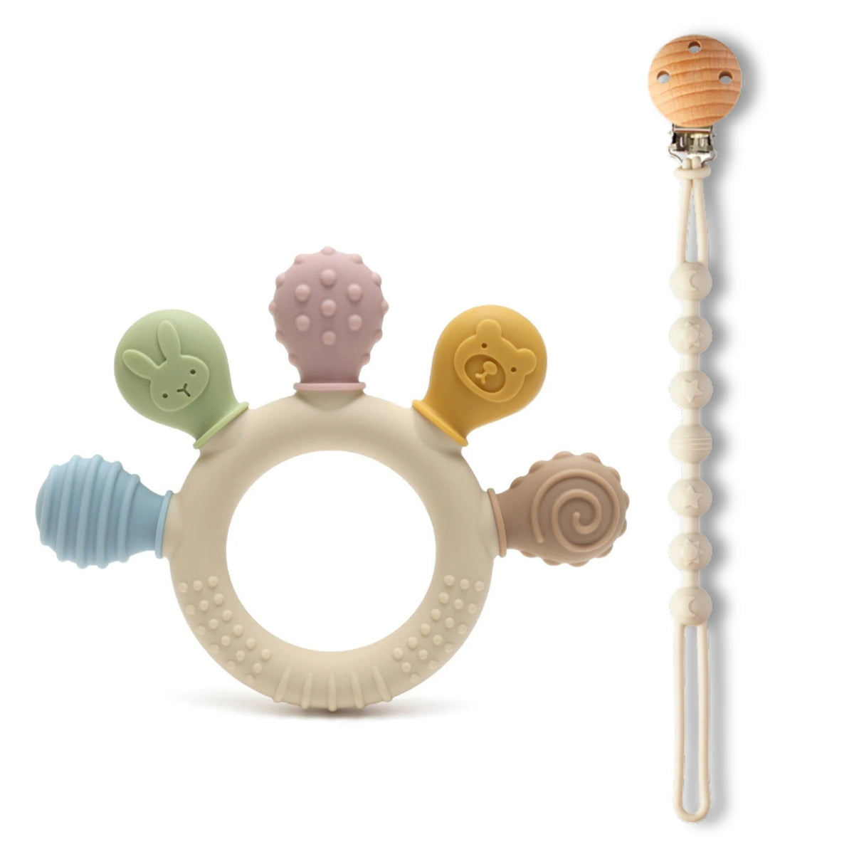 Multi-colored silicone baby teether with textured shapes and a wooden clip, designed for sensory gum relief.