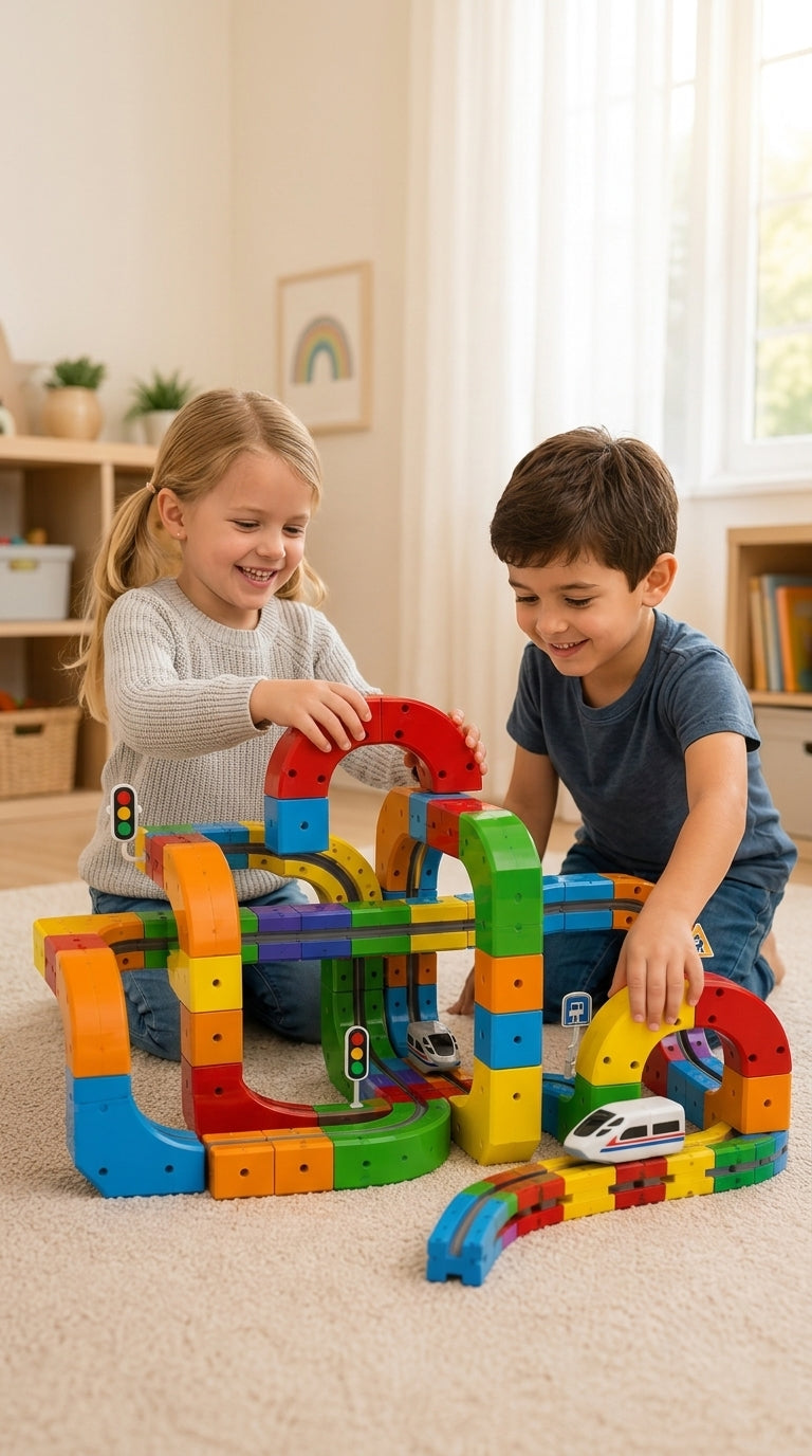 Two children playing with a colorful magnetic toy train track set on a carpeted floor in a bright, modern playroom.