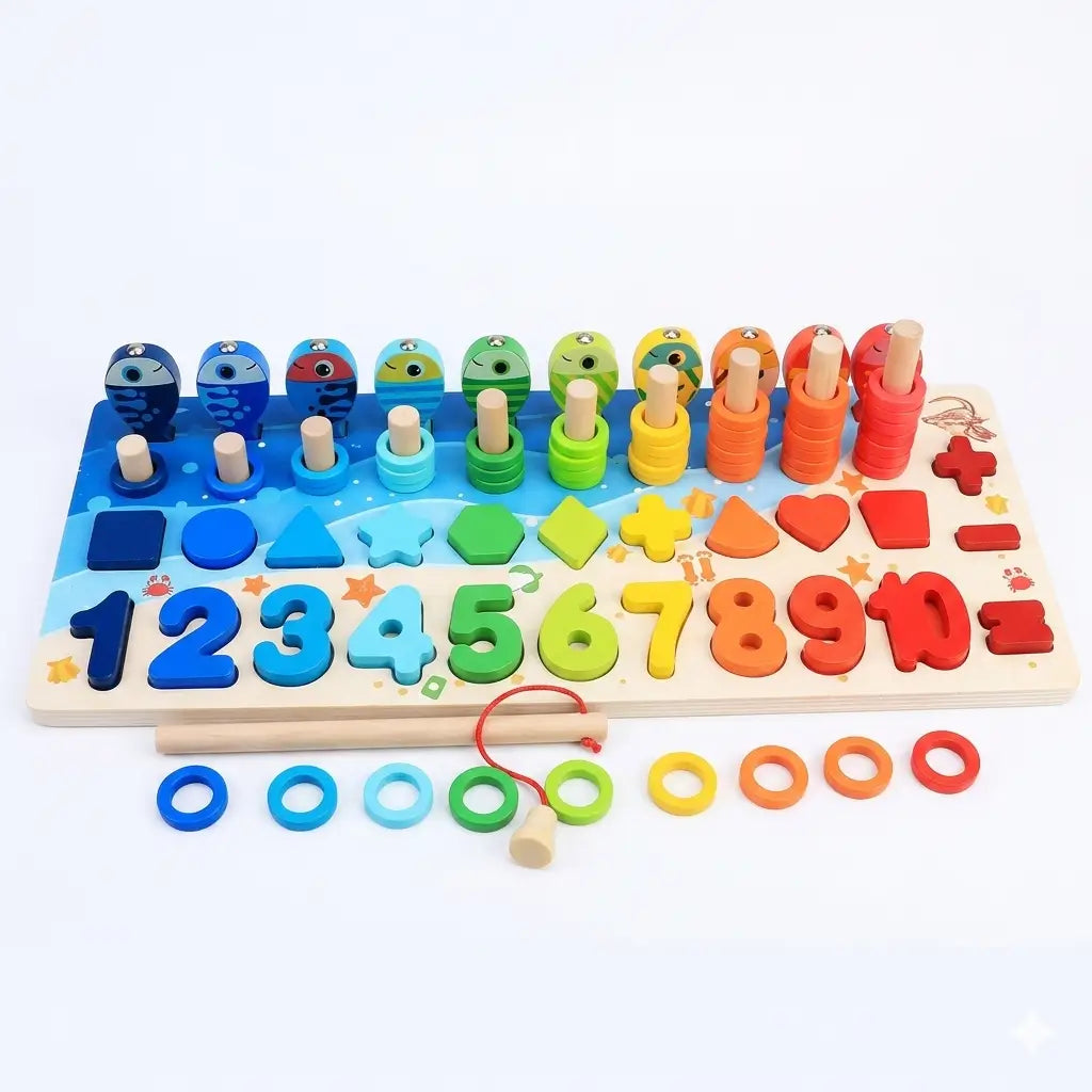 Wooden number toy board with large numeral tiles and colorful ring pieces