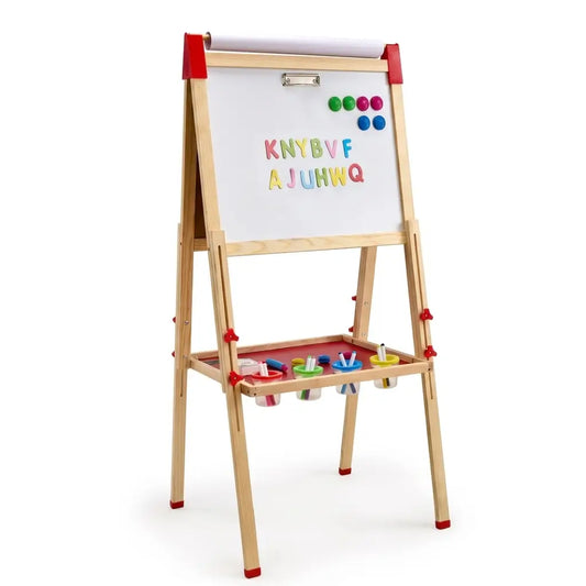 Kids 3-in-1 art easel with magnetic whiteboard, colorful magnets, and bottom paint tray