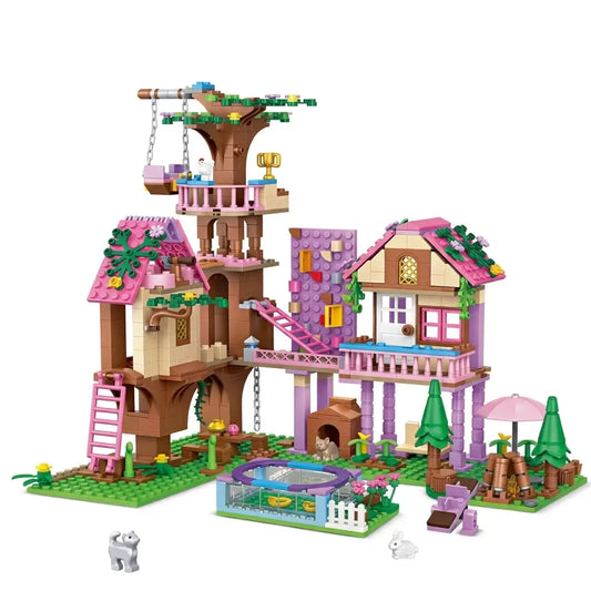 Treehouse building blocks set front view with pink roofs, bridge walkway, and fenced pool