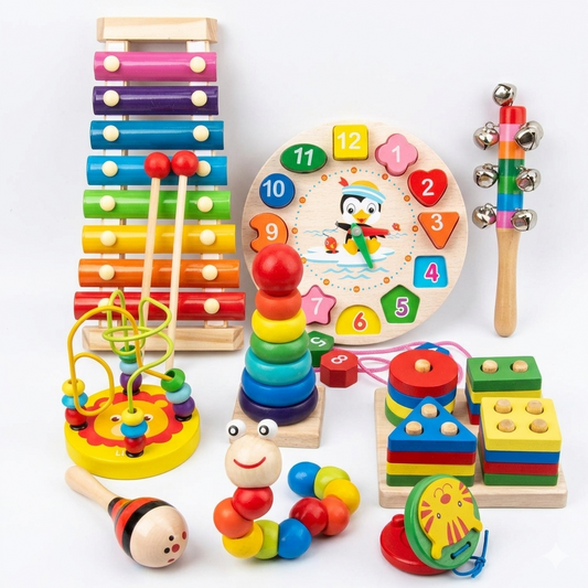 9-in-1 Wooden Montessori Rattle & Drum Music Toy Set