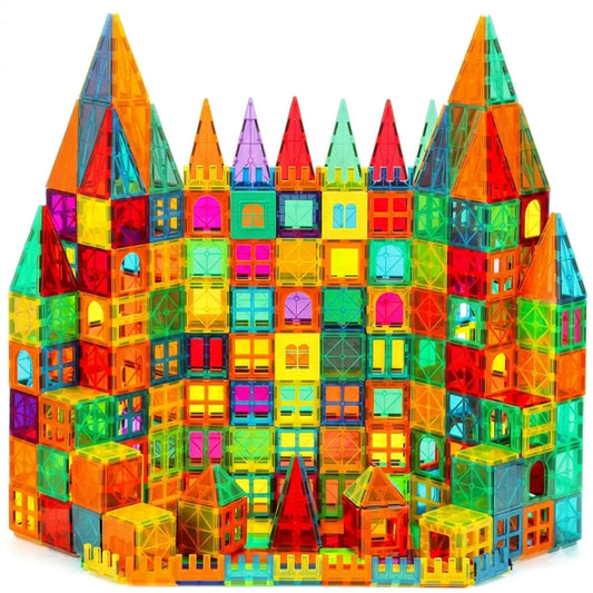 Bright magnetic blocks 3D castle with colorful window towers and triangular roofs