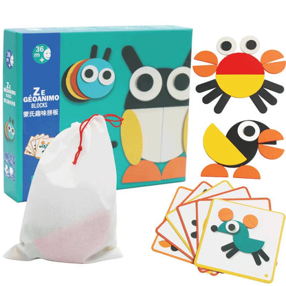Colorful geometric shape puzzle blocks set with animal designs, includes a storage bag and pattern cards.