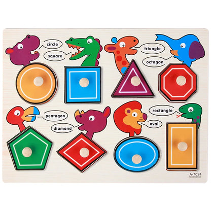 Colorful wooden puzzle with various shapes and cartoon animals, designed for educational play for toddlers.