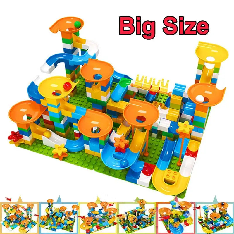 Colorful marble race run toy with funnels, slides, and blocks in various shapes, designed for children.