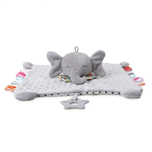 Gray elephant plush toy on a soft blanket with colorful tags, designed as a comforter for babies