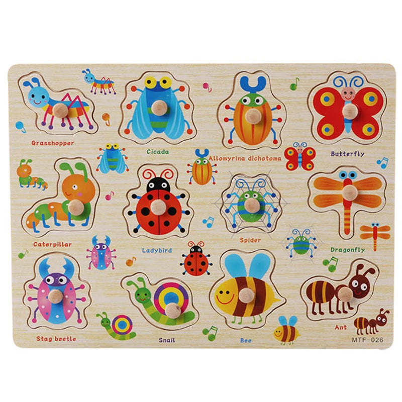Wooden puzzle board featuring colorful cartoon insects and animals with knobs for easy handling, designed for toddlers.