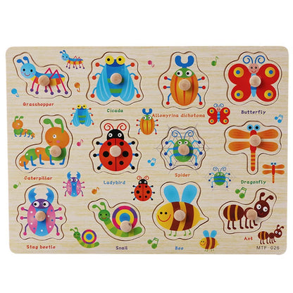 Wooden puzzle board featuring colorful cartoon insects and animals with knobs for easy handling, designed for toddlers.