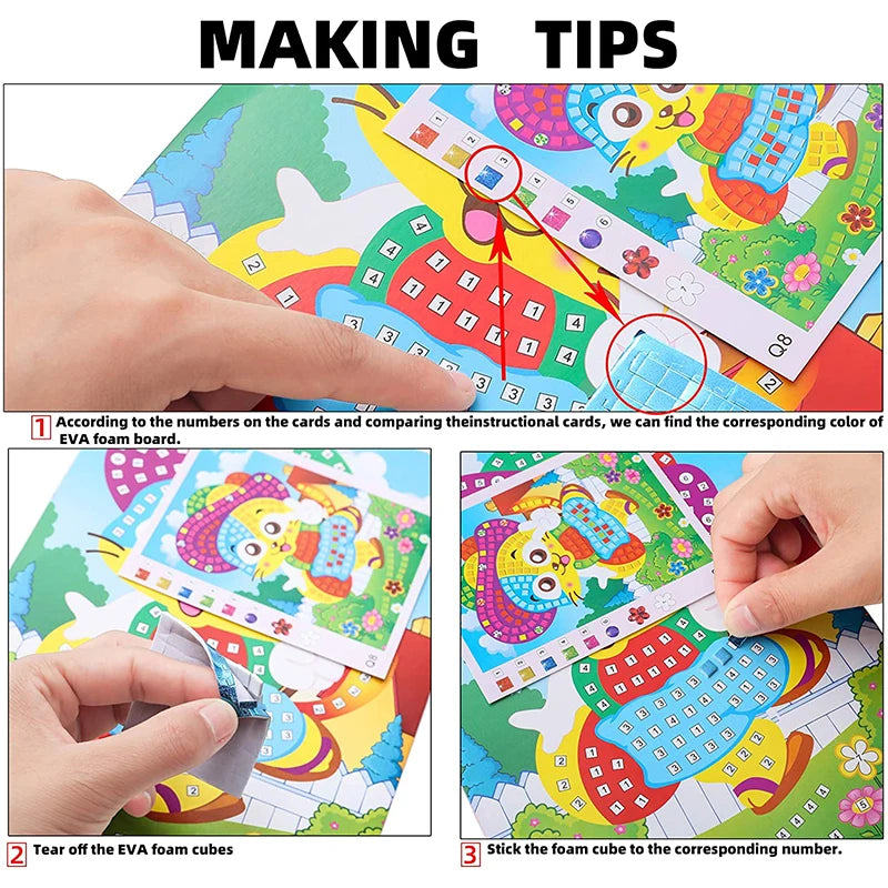 Hands demonstrating steps to use mosaic stickers with colorful foam board and numbered cards for kids' craft.