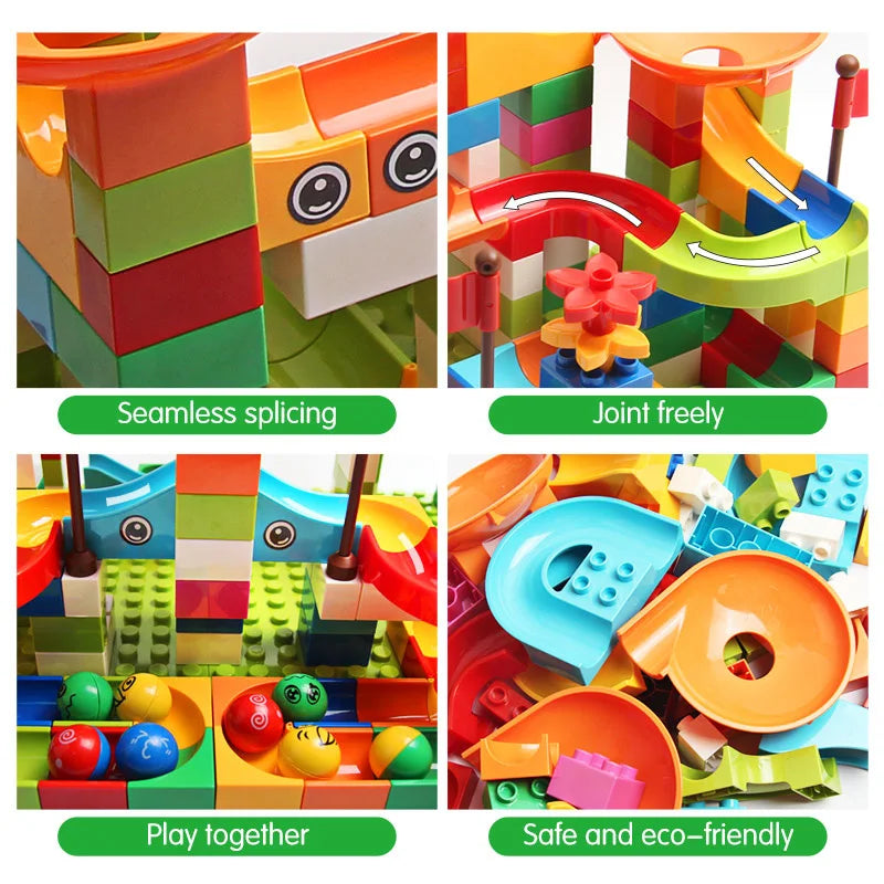 Colorful building blocks arranged in a maze with funnels, slides, and balls, designed for kids' play.