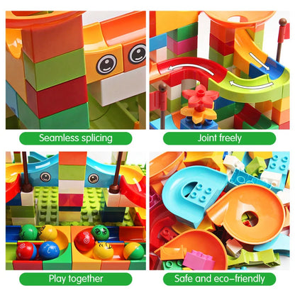 Colorful building blocks arranged in a maze with funnels, slides, and balls, designed for kids' play.