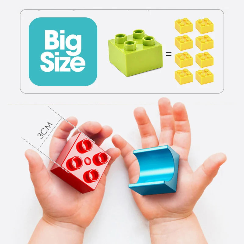 Two hands holding a red and blue building block, with a green block and a graphic showing block sizes in the background.