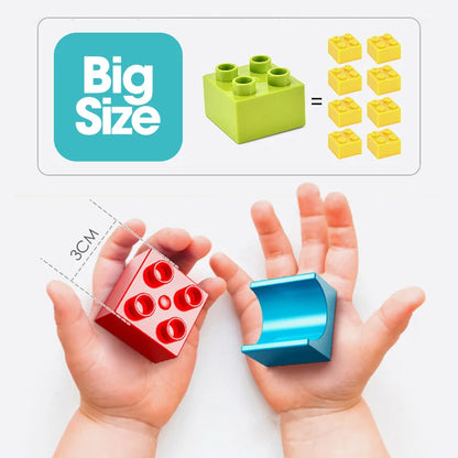 Two hands holding a red and blue building block, with a green block and a graphic showing block sizes in the background.