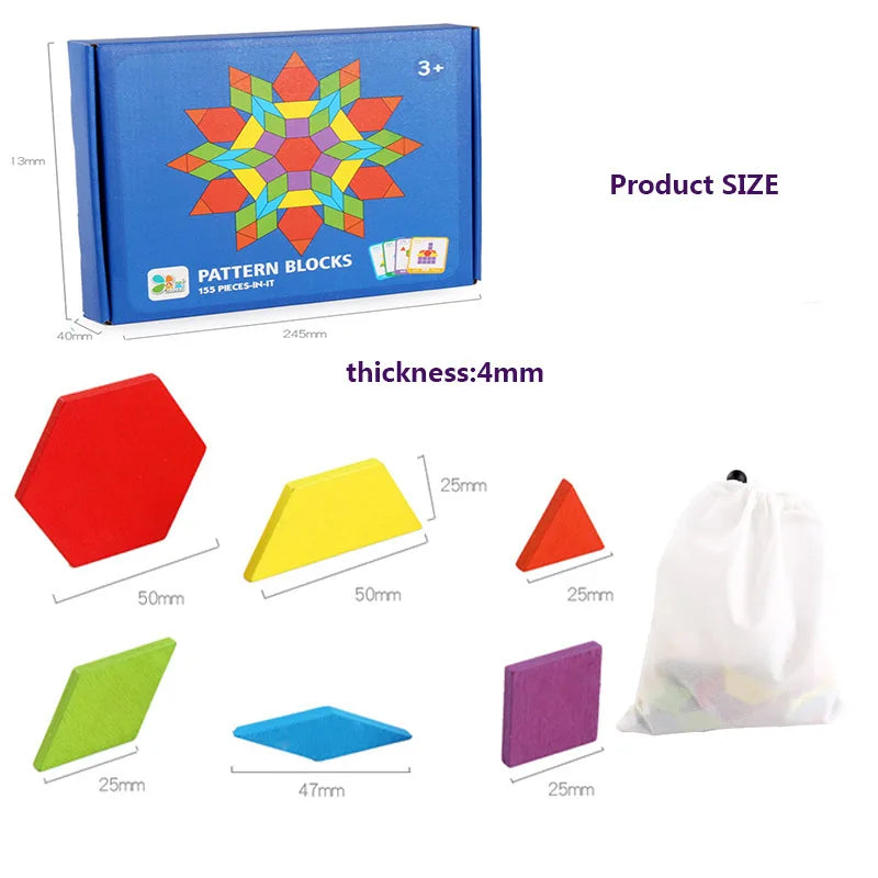 Colorful wooden geometric shapes including hexagons, triangles, and squares, with a storage bag and box design.