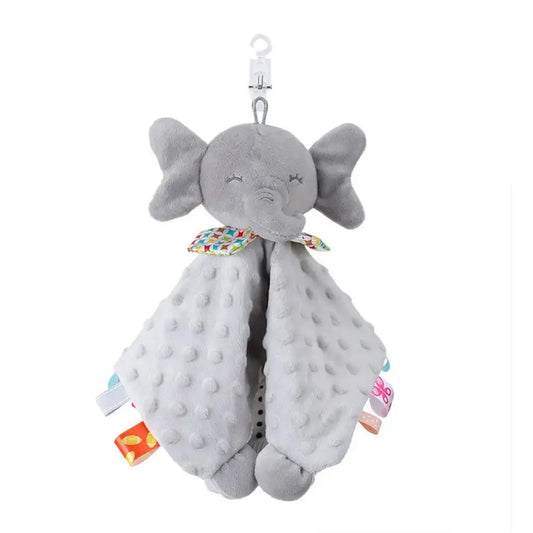 Gray elephant plush toy with a patterned collar and colorful tags, designed as a baby comforter.