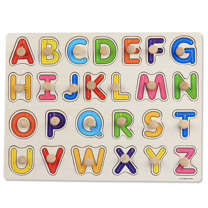 Colorful wooden alphabet puzzle with raised letters and knobs for easy grip, designed for young children.