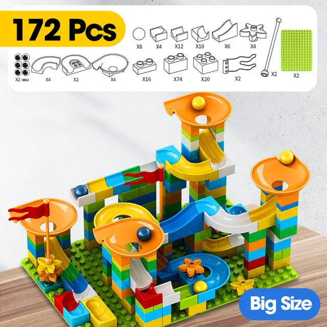 Colorful building blocks arranged in a marble race run with funnels and slides, includes 172 pieces.