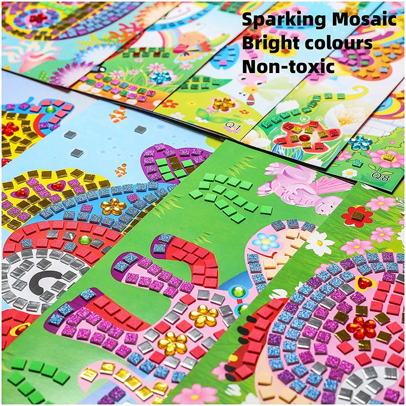 Colorful mosaic stickers arranged on various craft sheets featuring floral and animal designs, suitable for kids.