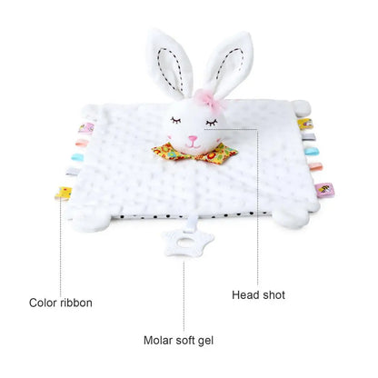 Plush bunny head attached to a soft white blanket with colorful ribbons and a star-shaped teether.