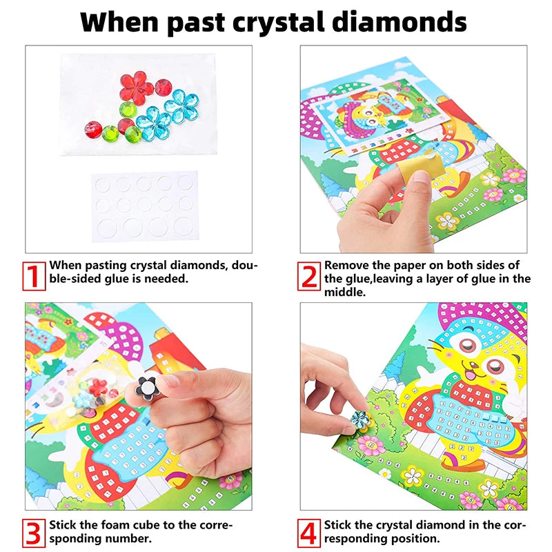 Step-by-step instructions for a mosaic sticker puzzle art kit, featuring colorful illustrations and hands-on activities.