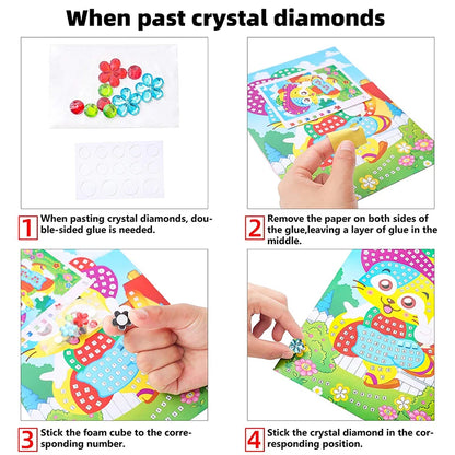 Step-by-step instructions for a mosaic sticker puzzle art kit, featuring colorful illustrations and hands-on activities.