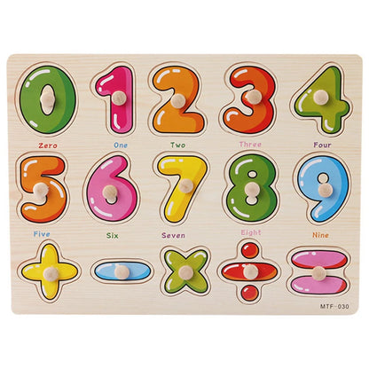 Colorful wooden number puzzle with numbers 0-9, featuring bright colors and wooden knobs for easy handling.