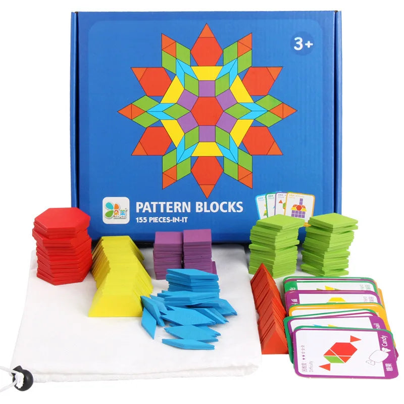 155 pieces of colorful wooden geometric pattern blocks arranged with a blue box and instruction cards on a white background.