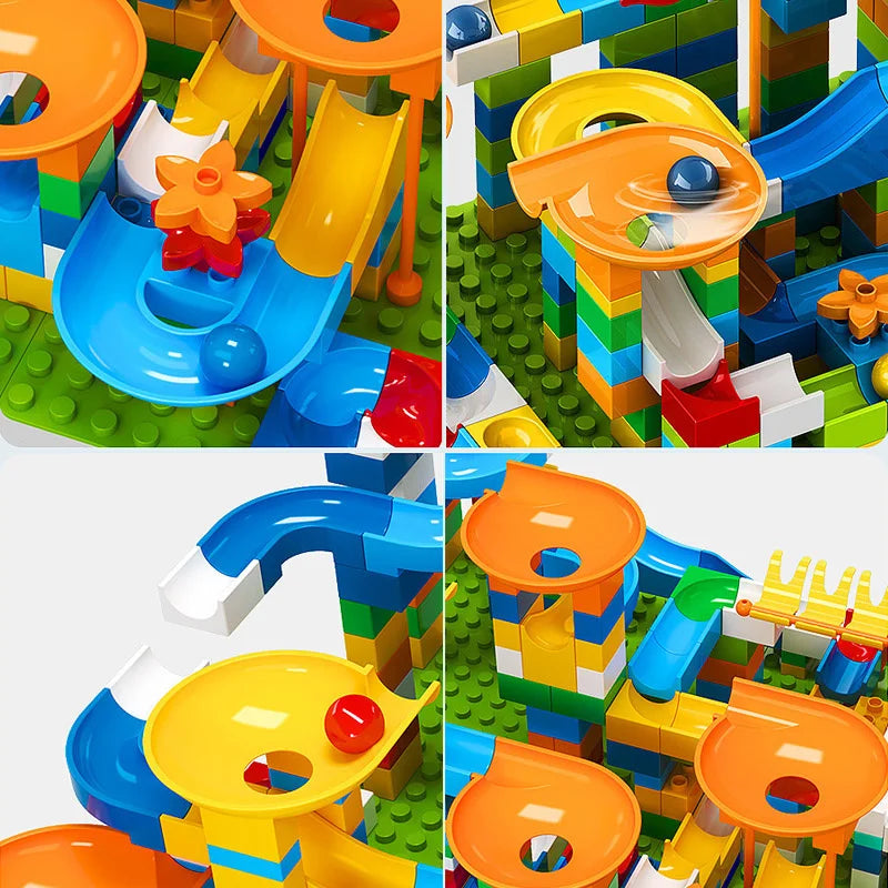 Colorful building blocks arranged in a maze with slides and funnels for marble racing, designed for kids.