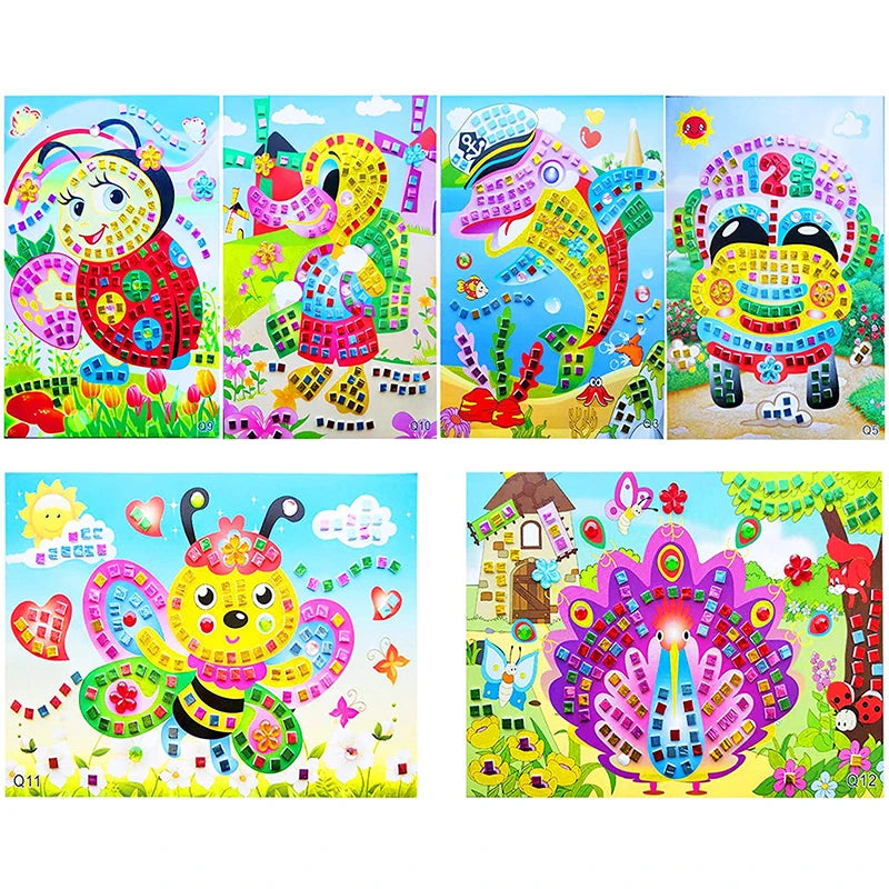 Colorful mosaic stickers arranged in various designs including animals and flowers, suitable for kids' crafts.