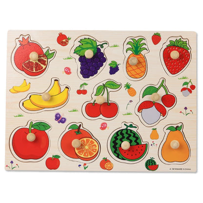 Colorful wooden puzzle board featuring various fruits with knobs for easy handling, designed for young children.