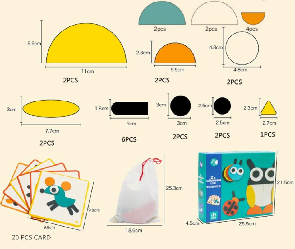 Colorful wooden geometric shapes including circles, triangles, and semi-circles, with a storage bag and cards.