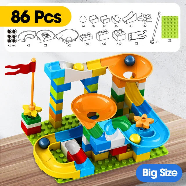 Colorful marble race track with funnels, slides, and blocks, featuring 86 pieces for building and play.